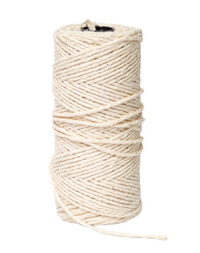 Cream cotton twine spool with loose end isolated on a white background