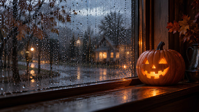 Jack O Lantern on a Rainy Window Ledge with City Lights