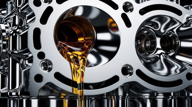 Golden oil pours into chrome engine cylinder block. Liquid lubricant flows through metal motor parts during maintenance. Shiny automotive component receives fluid for high performance car repair.