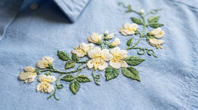 Delicate white yellow floral embroidery patterns embellish light blue shirt fabric for elegant fashion and custom apparel design.