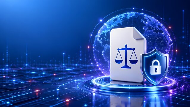 Global digital law and cybersecurity compliance concept with justice scale document and world globe