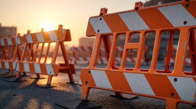Orange traffic barricades line city street at sunset. Plastic safety barriers with white stripes block road for construction work road repairs. Warning signs protect urban area during evening hours