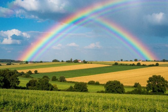 Double rainbow arches over green, gold agricultural fields in rural landscape. Colorful spectrum appears across cloudy blue sky above rolling hills, farmland. Peaceful countryside view with trees,