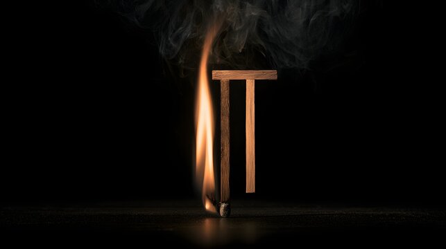 A single wooden matchstick shaped like the pi symbol burns in total darkness. Represents mathematical constants and scientific discovery concepts.