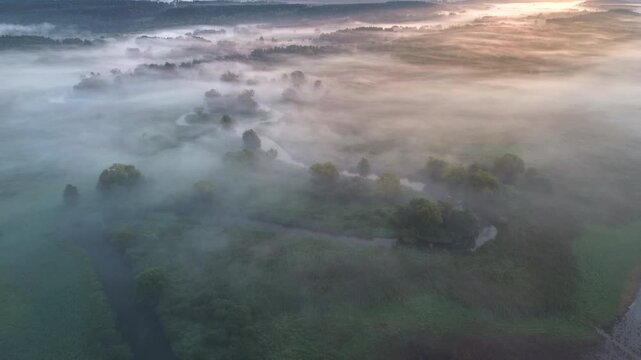 Atmospheric aerial cinematic view of epic foggy nature scener