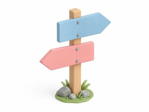 Isometric 3D render of a signpost with two blank arrows in pastel colors on a clean background