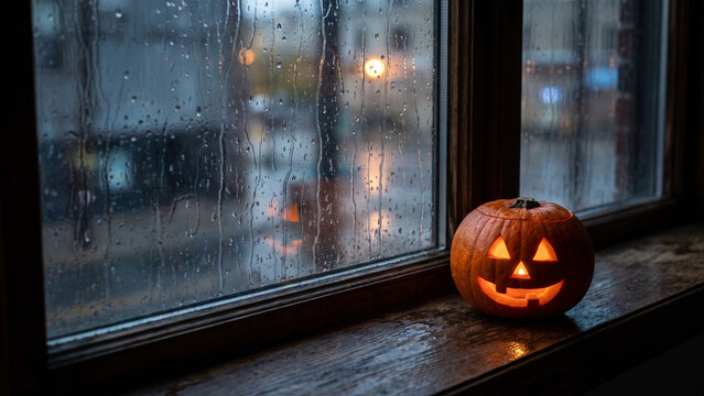Glowing Jack O Lantern on a Rainy Window Sill at Night