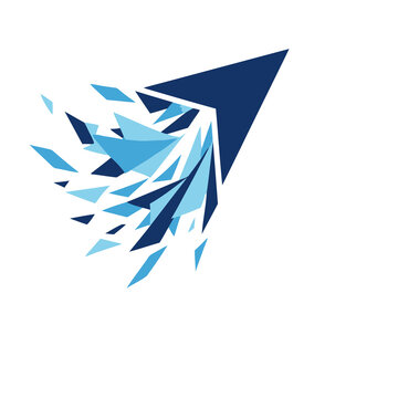 Abstract geometric shards exploding from a dark blue arrow