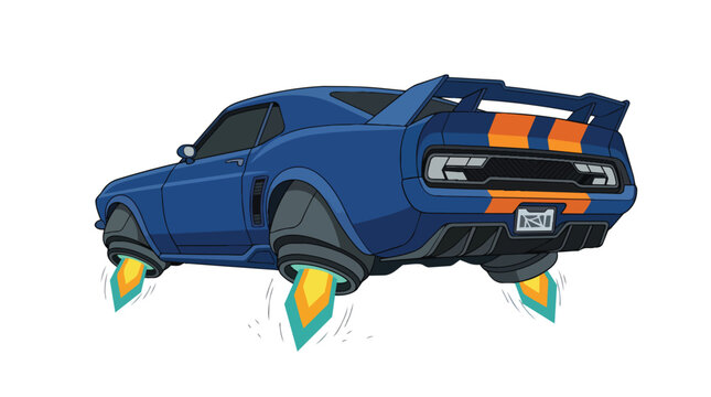 Futuristic flying muscle car with jet propulsion engines and racing stripes modern vector graphic for sci-fi concepts