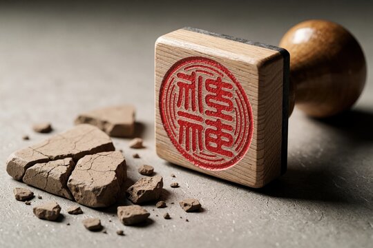 Traditional Japanese hanko stamp with red ink seal sits near broken clay pieces on gray surface. Cracked earth outdated bureaucracy, legal tradition. Concept of digital authentication reform,