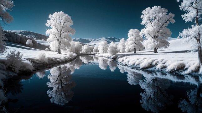 Monochrome blue infrared landscape shows calm river with white trees, rolling hills. Surreal snowy scenery with bright frost trees reflects in dark water. Peaceful winter nature view with soft hills,