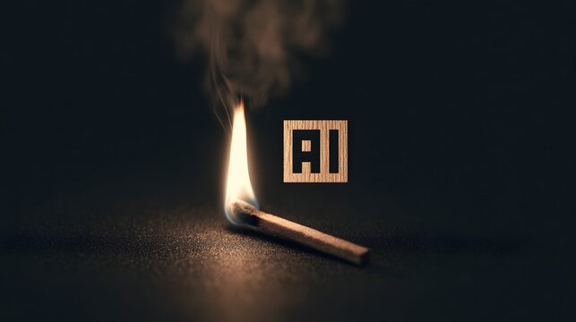 A single match burning with bright flame and AI text icon on dark background. Conceptual image representing explosive growth of artificial intelligence technology.