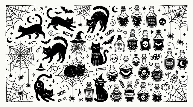Halloween spooky elements set with black cats, magic potion bottles, spider webs, and bats in linework style vector illustration