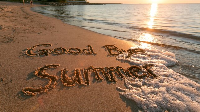 a serene beach scene at sunset. The sun casts a warm, golden light over the water, reflecting off the sandy shore. The word Goodbye Summer is written in the sand.