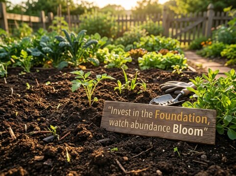 Vegetable garden in sunlight with inspiring quote sign
