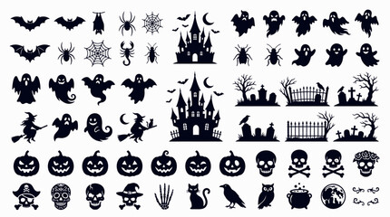 Obraz premium Set of Halloween black silhouettes including haunted castles, spooky ghosts, pumpkins, and bats