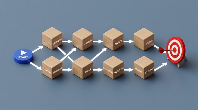 Project management workflow represented by wooden blocks with labels like planning strategy develop testing and integrate leading to red target with arrow in isometric 3d render on grey background