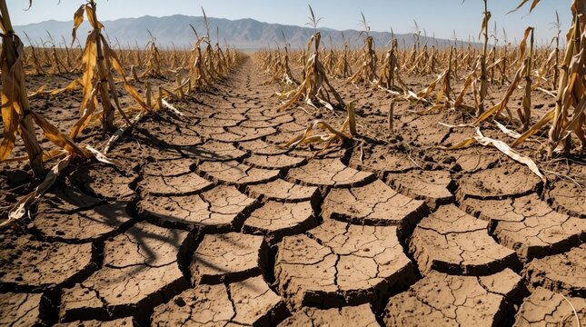 Dry cracked earth shows dead corn stalks in a withered field under a clear blue sky. Arid landscape signals crop failure and ecological crisis impacting food production and global food security.