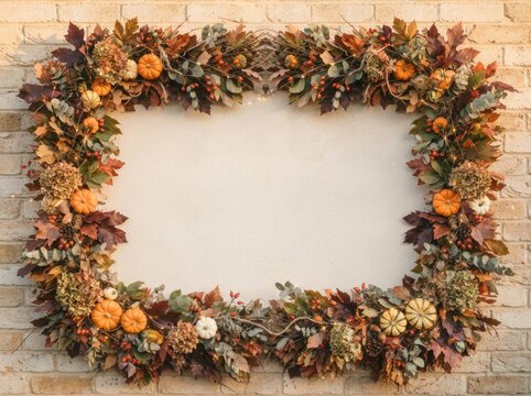 A beautiful autumnal frame of leaves pumpkins and fall florals creates a warm thanksgiving invitation design