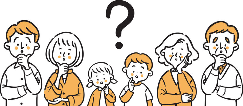 疑問を持つ三世代家族のイラスト素材　上半身　ベクター（オレンジ）