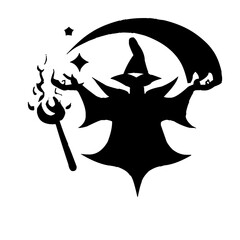 Black silhouette of a wizard holding a magic wand with a crescent moon © MDNAZMUL
