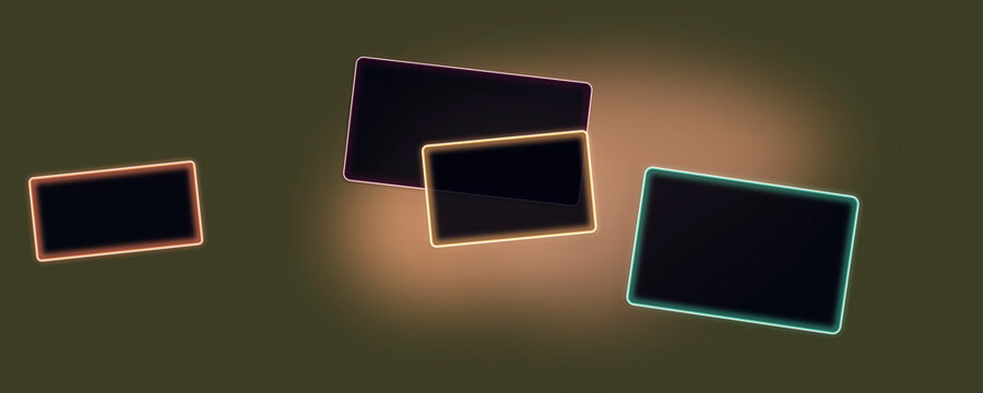 Multiple neon outlined rectangles hover on a dark background in vibrant colors, conveying dynamic attention and creative motion for UI, ads, or digital displays.
