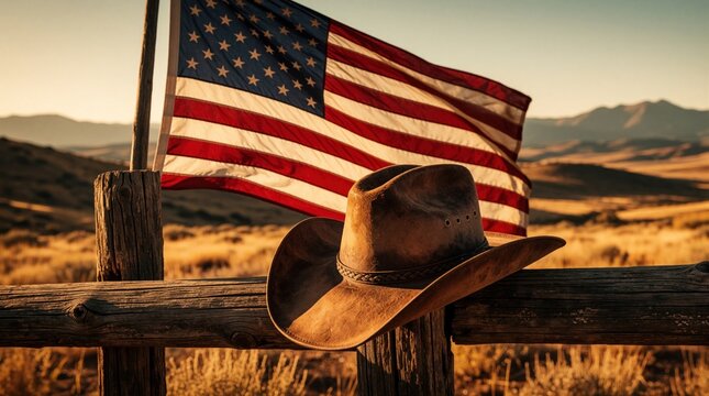 American flag waves in wind near brown cowboy hat on rustic wooden fence. Patriotic US symbol rests in rural western ranch landscape at sunset. Countryside scenery with hills, mountains under warm