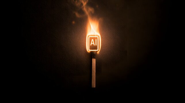 A burning matchstick with an AI symbol glowing in the fire on a black background. Represents the rapid growth and hot trend of artificial intelligence technology.