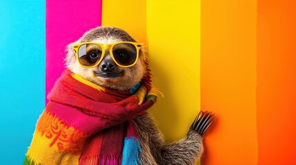 Fototapeta premium Playful Sloth in Bright Sunglasses and Scarf Posing Against Colorful Wall Panels