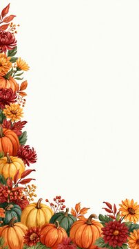 a border of autumnal pumpkins and flowers. The pumpkins are of various sizes and colors, including orange, yellow, red, and green. The flowers include red and yellow chrysanthemums and orange daisies.