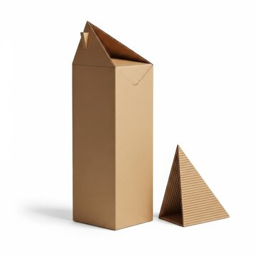 Open cardboard box with a triangular insert on a plain background