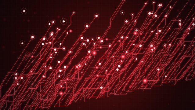 Futuristic red circuit board background, abstract digital data flow with glowing light particles, high tech network connection concept