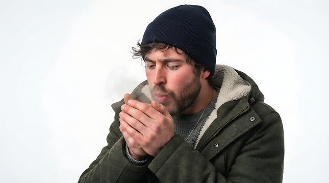 Young man warming his hands with breath in winter clothing