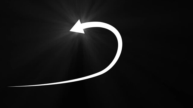 Animated white arrow a circular loop path with glowing light rays on black background, circle motion