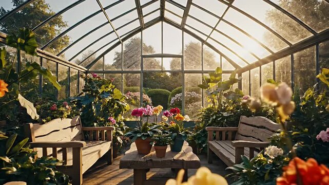 Bright Sunlit Glasshouse Interior Full of Lush Potted Flowers and Green Foliage