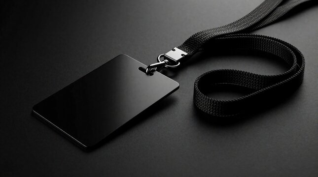 Black lanyard badge mockup on dark background. Blank ID card with neck strap lies on matte surface. Minimalist corporate identity holder for employee access event pass. Pro branding template for
