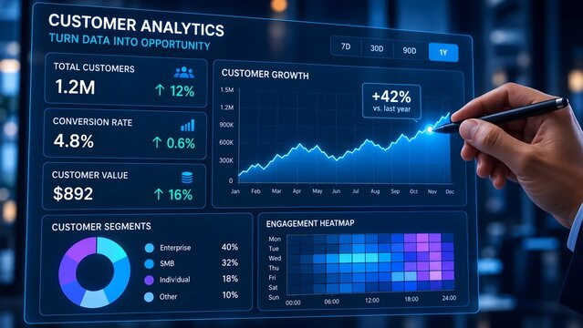 Marketing professional analyzing customer analytics dashboard with conversion rates and engagement heatmaps on a digital screen