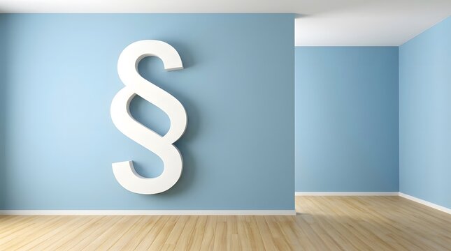 White paragraph symbol on blue wall in empty room, representing law.