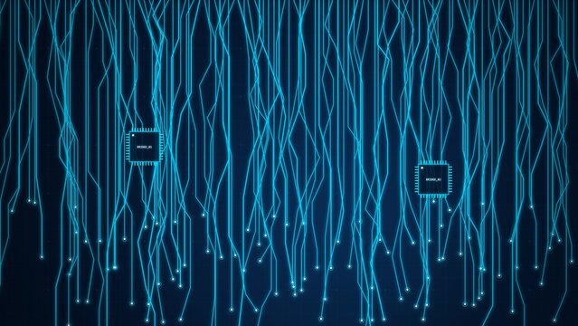 Cybernetic circuit board background with glowing blue data lines, futuristic microchip processors, digital neural network for artificial intelligence