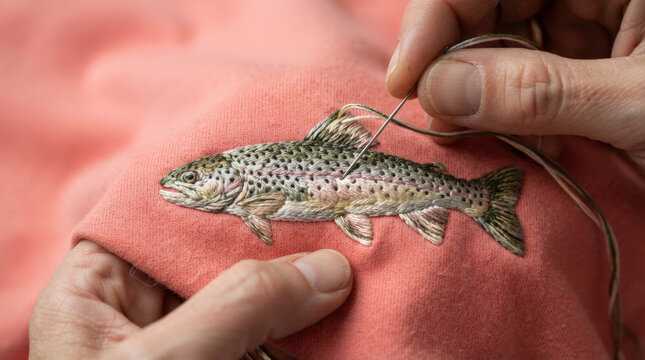 Handcrafted embroidery of rainbow trout fish on coral peach textile with detailed needlepoint stitching for clothing decor art.