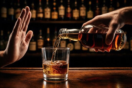 Hand refuses alcohol poured into glass. Bottles line bar shelf, representing temptation. Choice made to abstain from drinking, sober life begins.