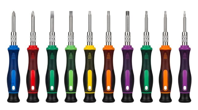 Professional Screwdriver Set Arranged Horizontally on White Background