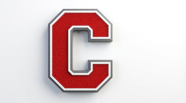 Red varsity letter C with white border isolated on white background. Fuzzy texture design for college sport team apparel. Alphabet symbol used for school jacket embroidery student club identity. High
