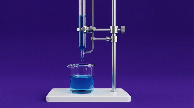 Scientific titration setup with blue liquid dispensed from burette into beaker. Laboratory glassware for accurate chemical analysis and research experiment.