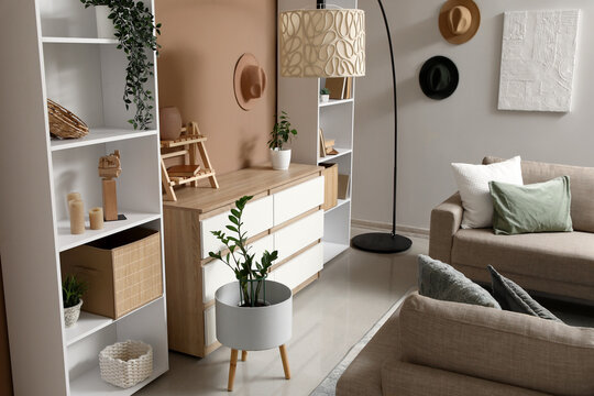 Interior of stylish living room with beige sofas, shelving units, houseplants and home decor on commode near brown wall