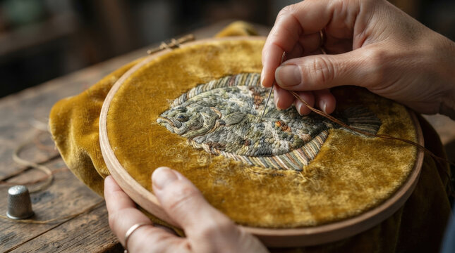 Handmade flatfish embroidery velvet circular hoop frame textile craft detail intricate stitching hobby project art decoration.