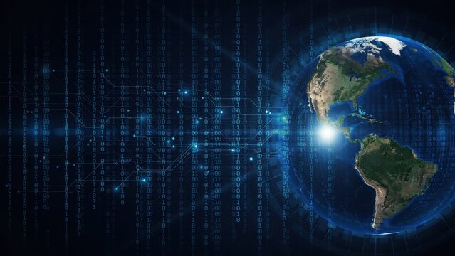 Glowing digital binary code flows around a detailed Earth globe against a dark background. Perfect for global technology and international network communication concepts.