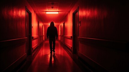 Fototapeta premium Silhouette figure walks down red lit hallway, casting long shadow. Mysterious dark corridor, interior passage with doors, atmospheric mood. Building interior, lone person.
