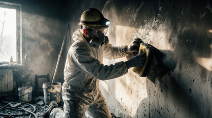 Fototapeta premium Fire restoration worker wears protective suit and mask cleaning soot from damaged wall. Professional cleanup job after house fire disaster indoors.
