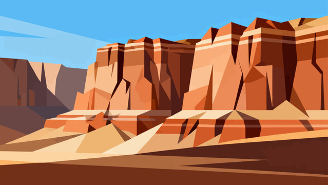 Rugged cliffs rise beneath a clear blue sky. Sunlight glints off layered sandstone faces. Desert floor stretches wide and empty. No people, no animals - nature's quiet dominion
